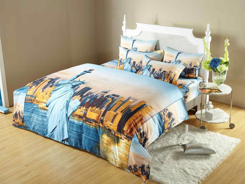 Twin Size Duvet Cover Sheet Set, Statue of Liberty