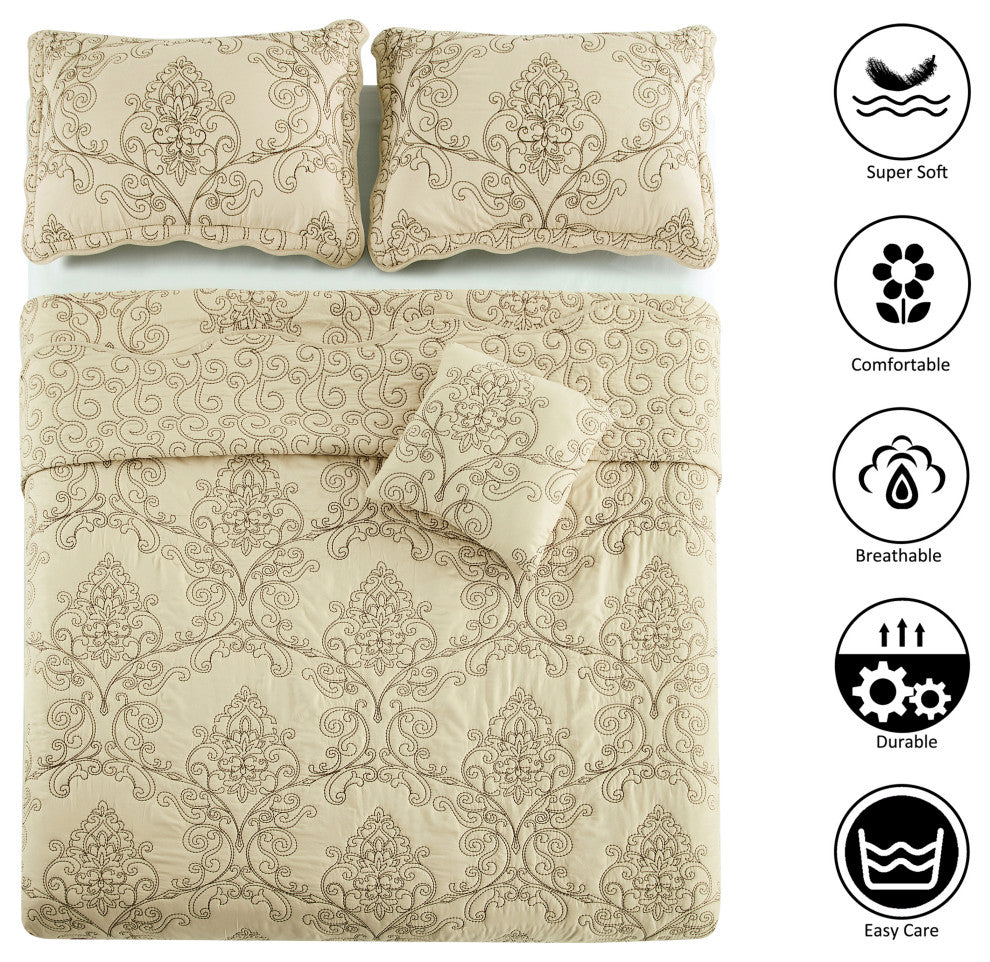 Damask Embroidered Quilted 4 Piece Bed Spread Sets, Beige, King