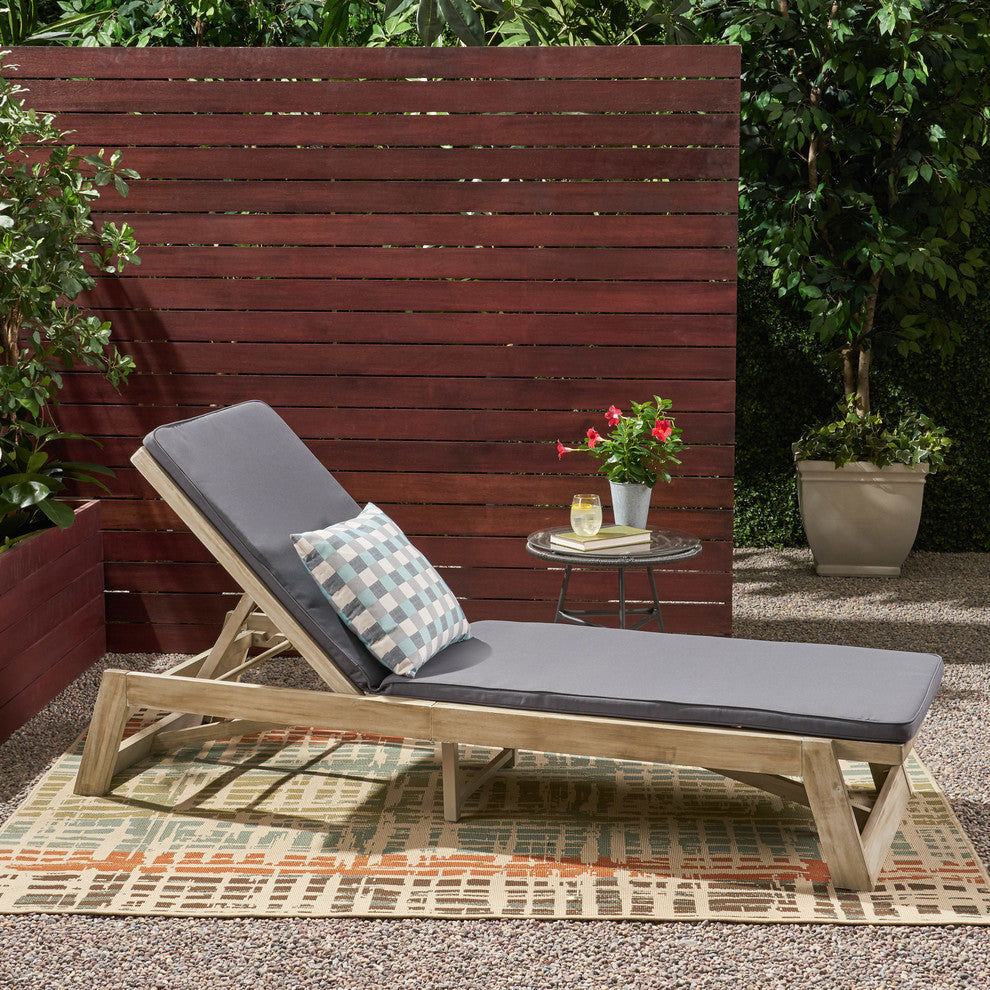 Adelaide Outdoor Acacia Wood Chaise Lounge and Cushion Set, Gray