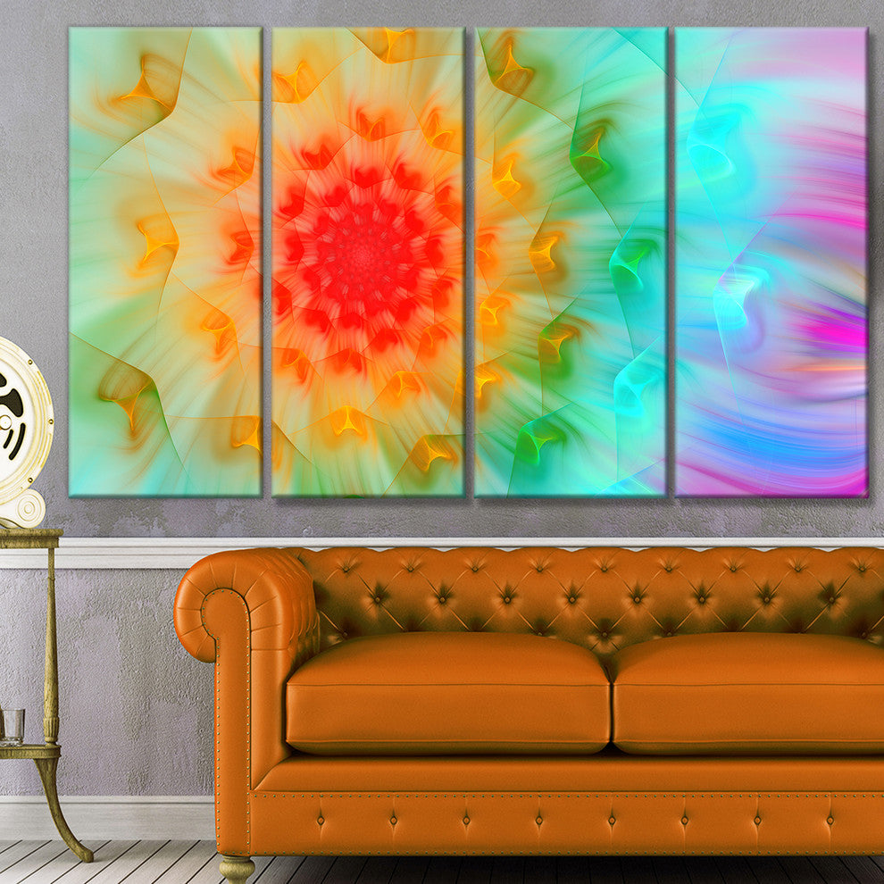 Red Fractal Petals Dandelion, Floral Canvas Art Print, 48"x28", 4 Panels