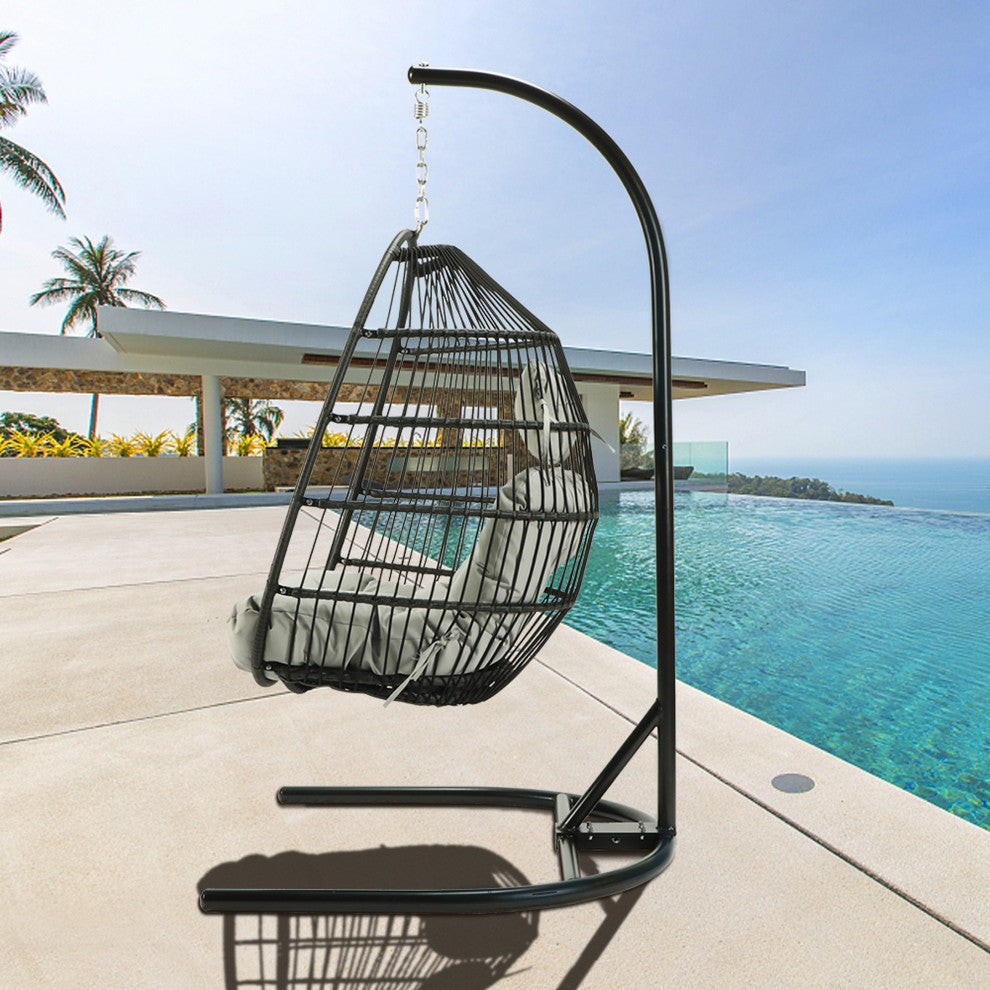 Outdoor Patio Swing Chair Egg Hanging With Cushion and Pillow, Black Beige