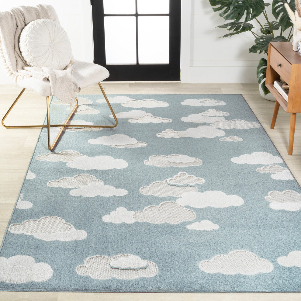 High-low Youth Cloud Scandi Rug Blue/Ivory 5 ft x 8 ft Indoor/Outdoor Area Rug