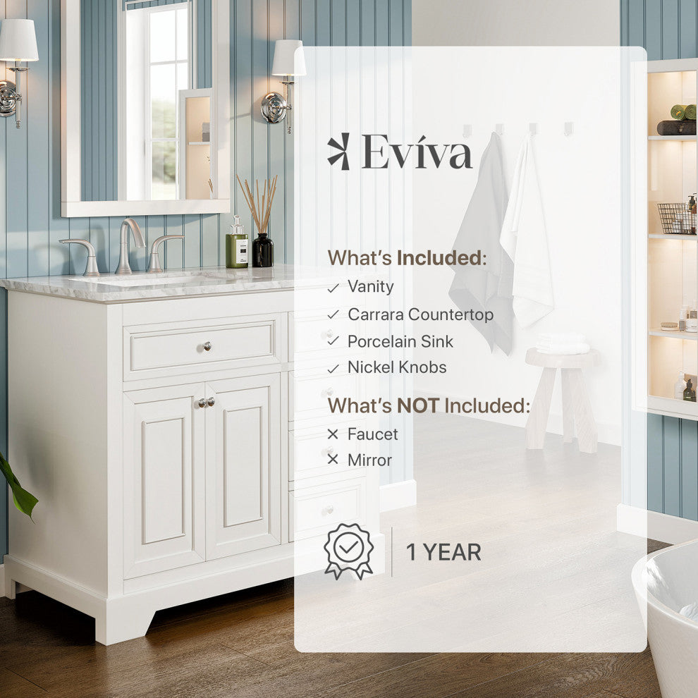Eviva Monroe 36" Transitional Vanity With White Carrara Top, White