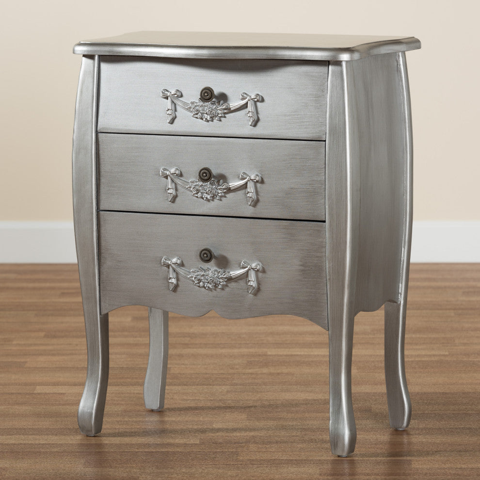 Eliya Traditional Brushed Silver Finished Wood 3-Drawer Storage Cabinet