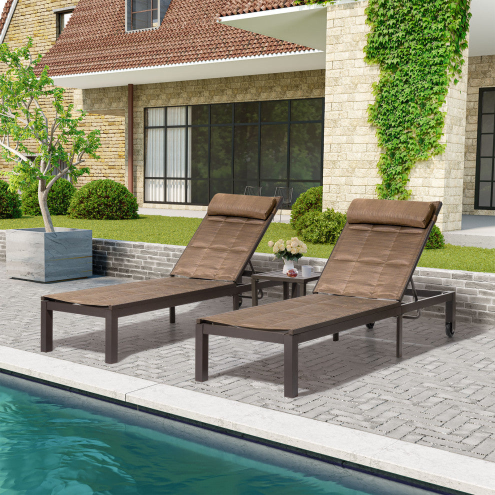 Outdoor Recliner Adjustable Quilted Chaise Lounge Chair and Table Set, Brown