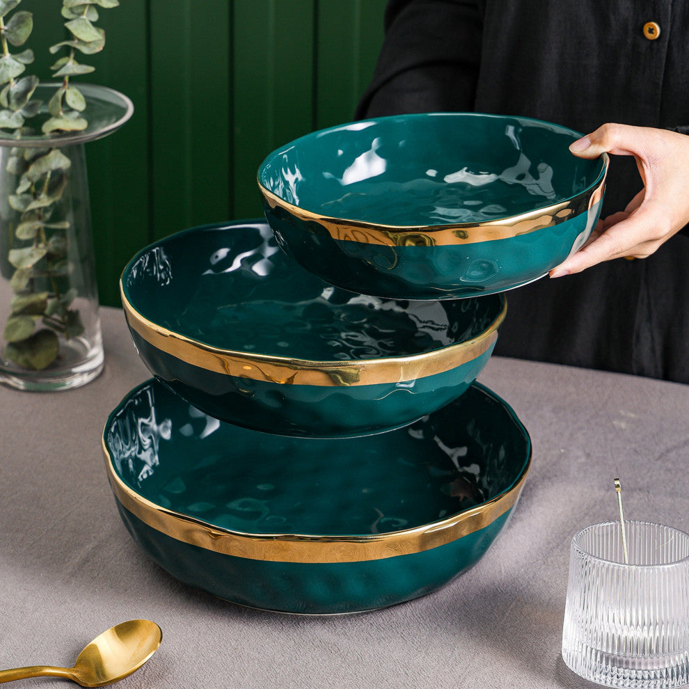 3-Piece Stone Lain Florian Porcelain Serving Bowl Set, Green