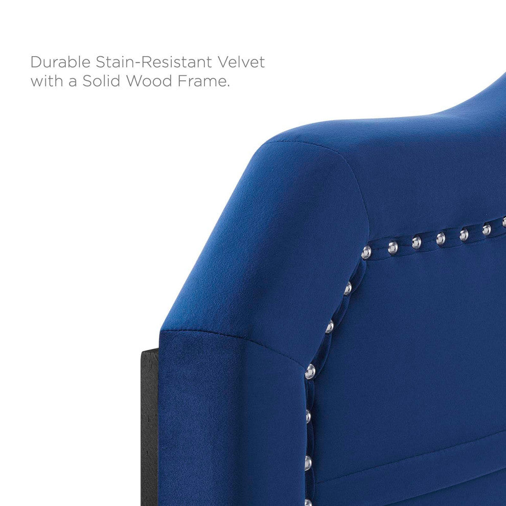 Platform Bed Frame, Queen Size, Velvet, Blue Navy, Modern Contemporary, Bedroom