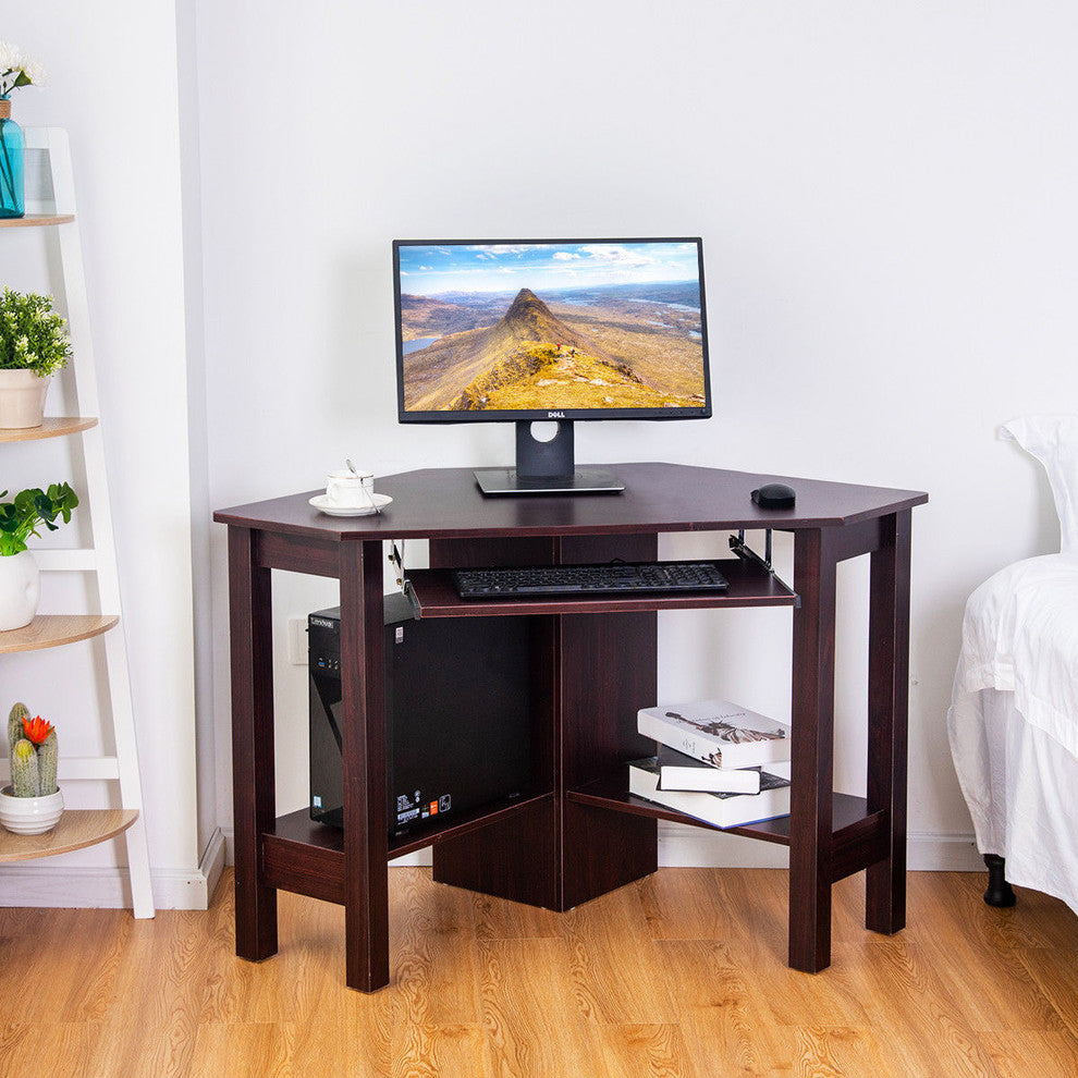 Costway Wooden Corner Desk With Drawer Computer PC Table Office Room Brown