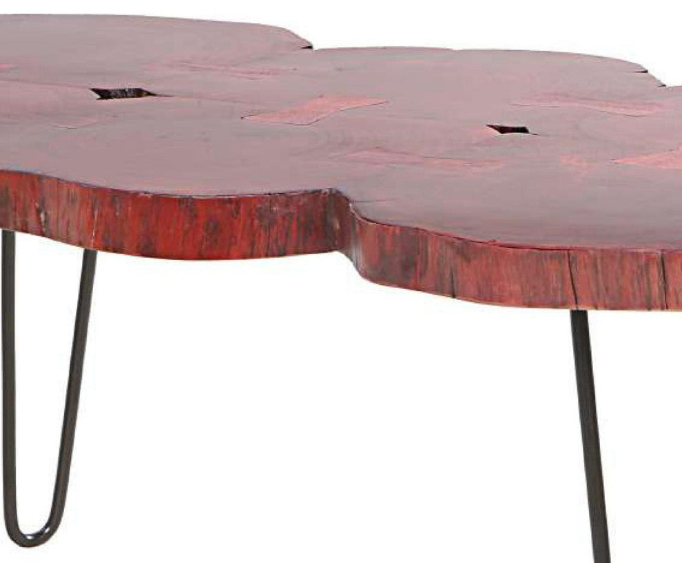 Benzara UPT-266379 Wood Coffee Table, Quatrefoil Top, Iron Hairpin Legs, Black