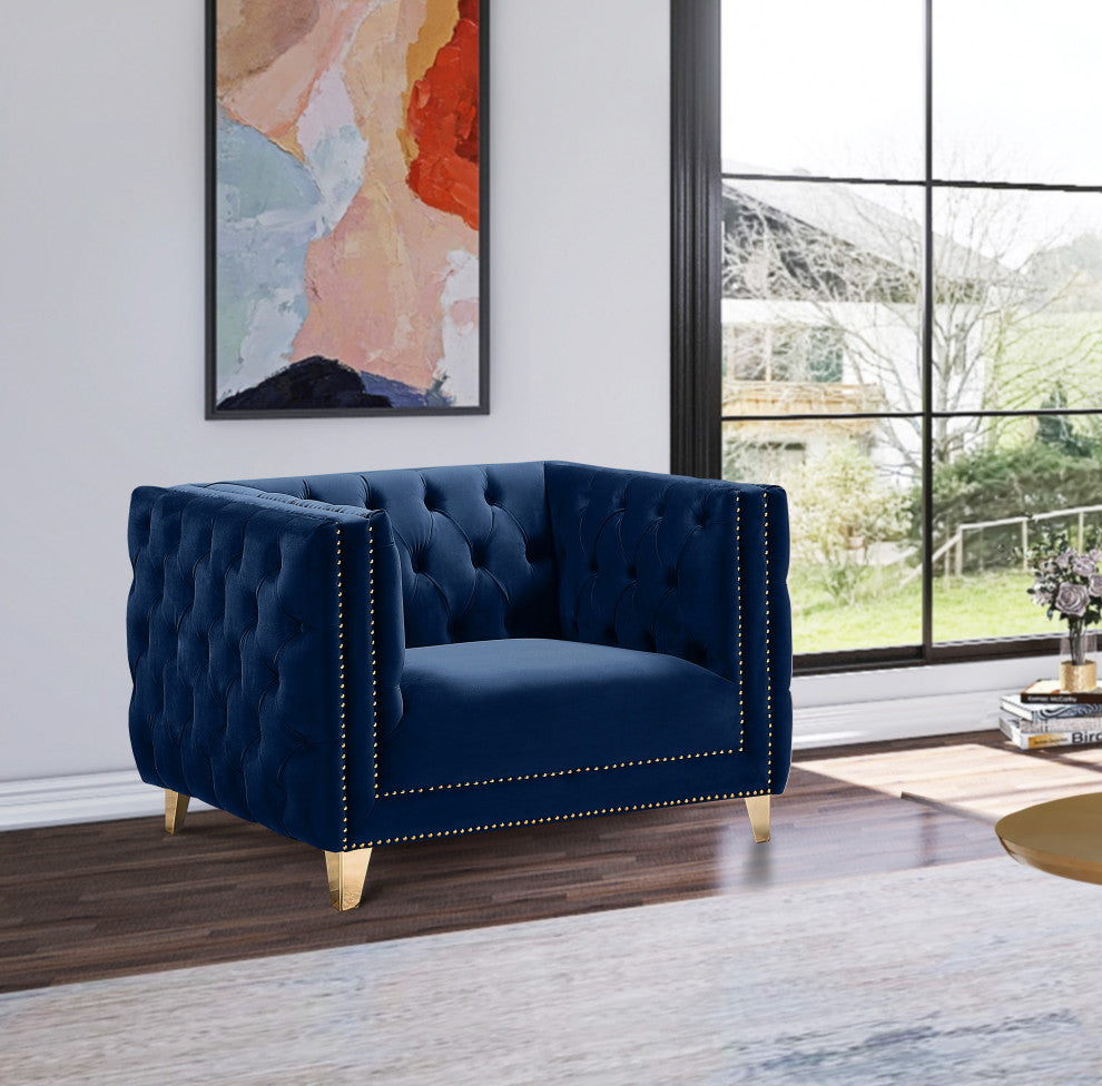 Michelle Fabric Upholstered Chair, Gold Iron Legs, Navy, Velvet, Chair