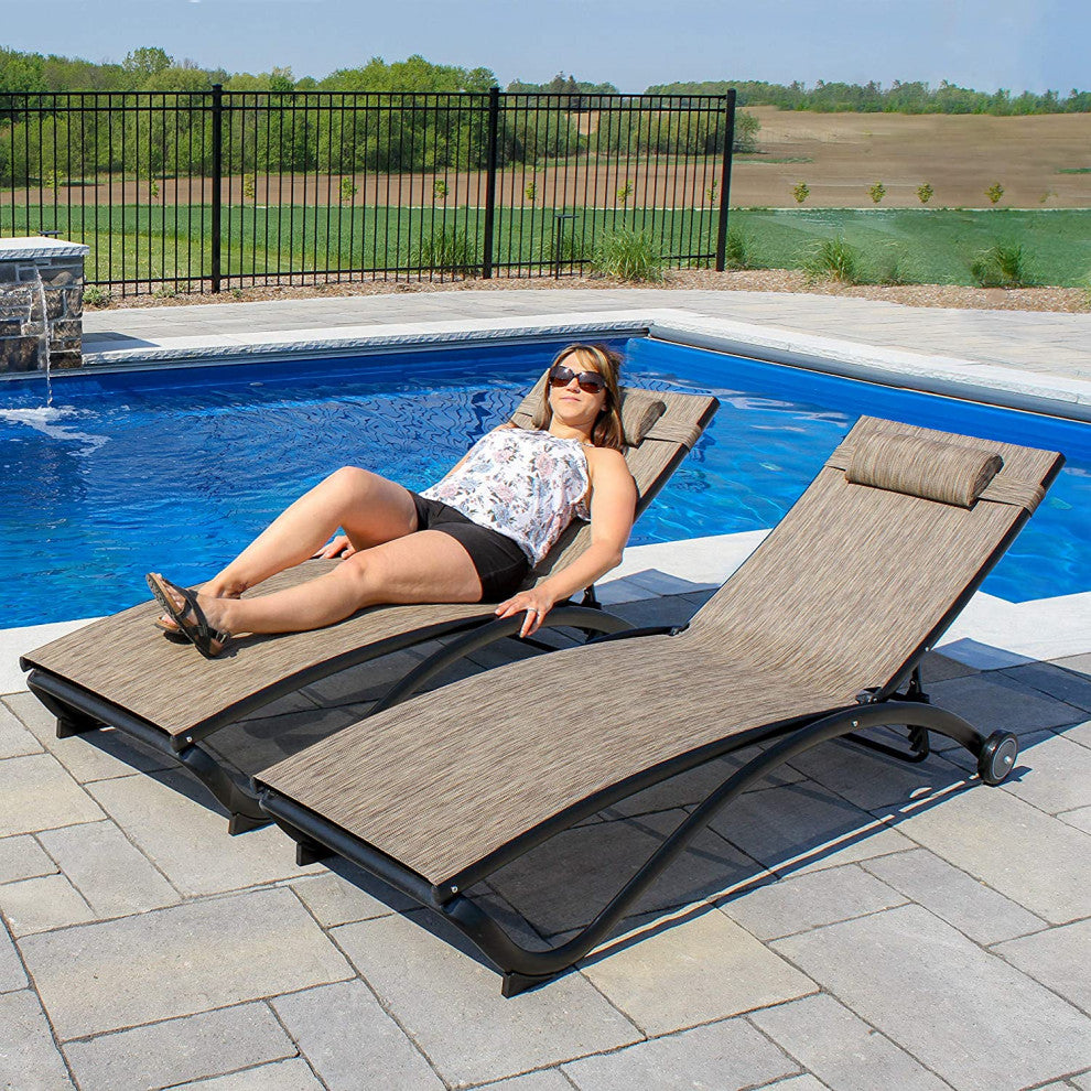 2-Pack Aluminum Patio Chaise Lounge with 5 Adjustable Positions and Pillow, Granite