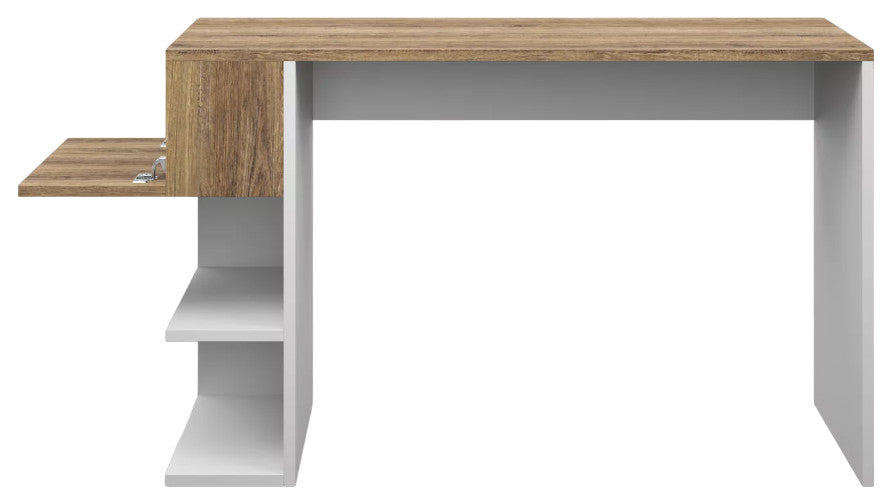 Modern Desk, 3 Built In Open Shelves & Walnut Top With Flip Down Door, White