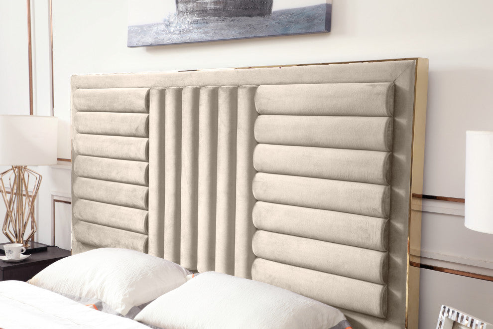 Modrest Daystar Modern Beige Velvet and Gold Bed, Eastern King