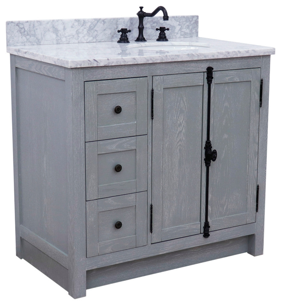 37" Single Vanity, Gray Ash With White Carrara Top, Right Doors/Right Oval Sink