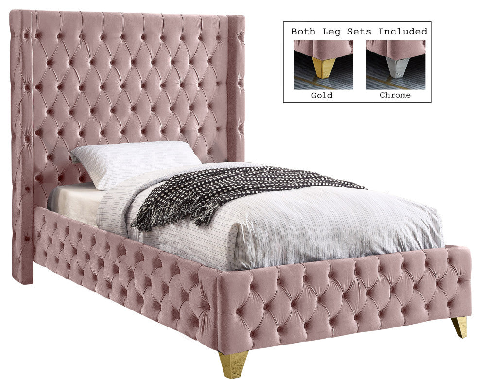 Savan Velvet Upholstered Bed, Pink, Twin