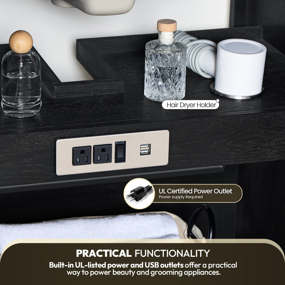 Busan Bath Vanity, Quartz Top No Mirror, Oak Classic Black, 36", Single Vanity