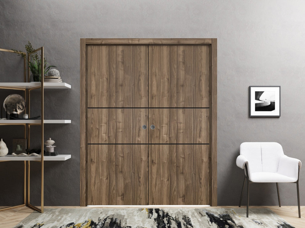French Double Pocket Doors 60 x 80 | Planum 0014 Walnut with  | Kit Trims Rail