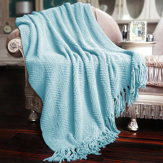 Tweed Knitted Throw Blanket, Aquamarine, 50"x60"