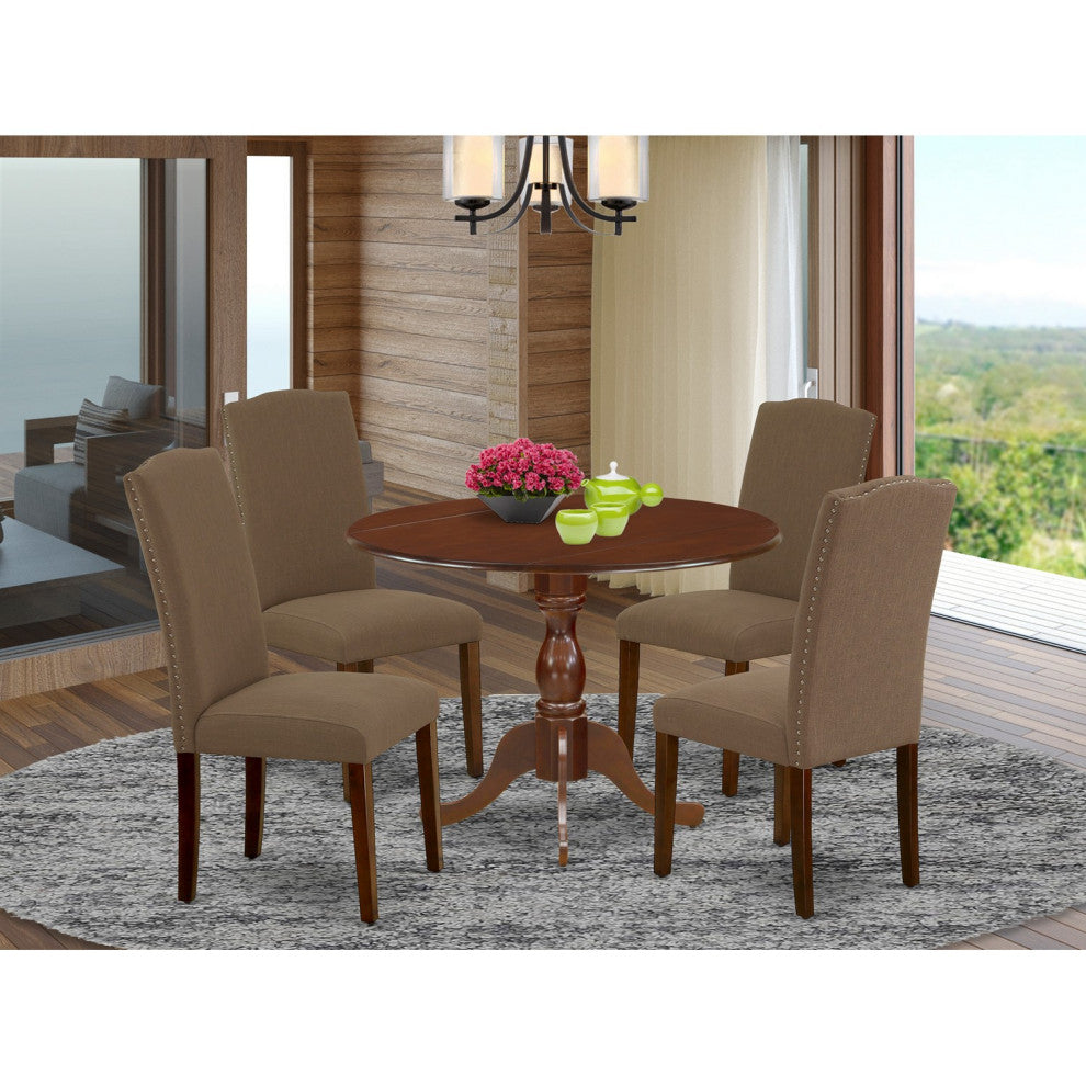 5Pc Dining Set, 1 Drop Leaves Wood Table, 4 Dark Coffee Upholstered Chair