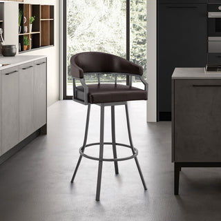 Valerie Swivel Brown Faux Leather and Java Brown Metal Bar Stool, Brown/Java Brown, Bar Height
