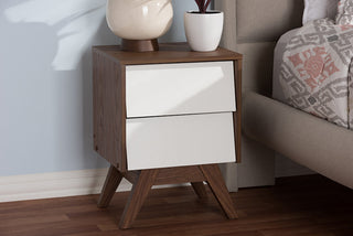 Hildon Mid-Century White and Walnut Wood 2-Drawer Storage Nightstand