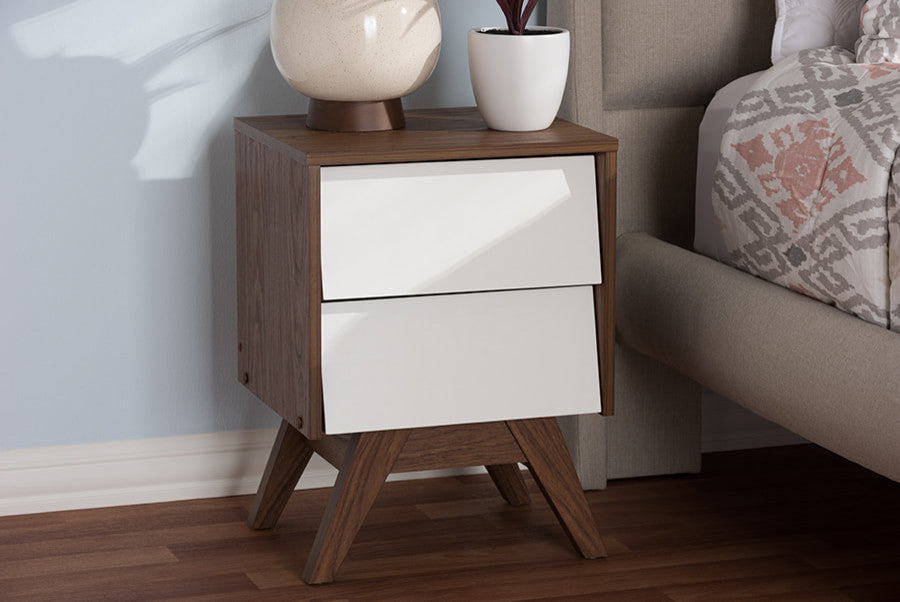 Hildon Mid-Century White and Walnut Wood 2-Drawer Storage Nightstand