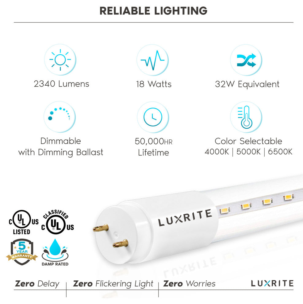 Luxrite 12-Pack 4FT T8 LED Tube Light 18W 3 Color Option 2340 Lumens