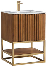 Terra Bathroom Vanity, Walnut/Satin Brass With Carrara Marble, 24"