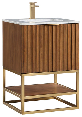 Terra Bathroom Vanity, Walnut/Satin Brass With Carrara Marble, 24"
