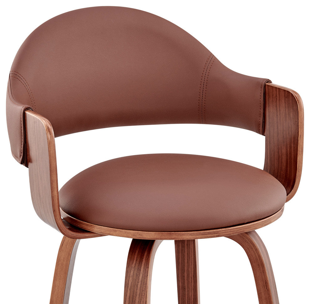 26" Rich Brown Faux Leather Walnut Wood Bar Stool