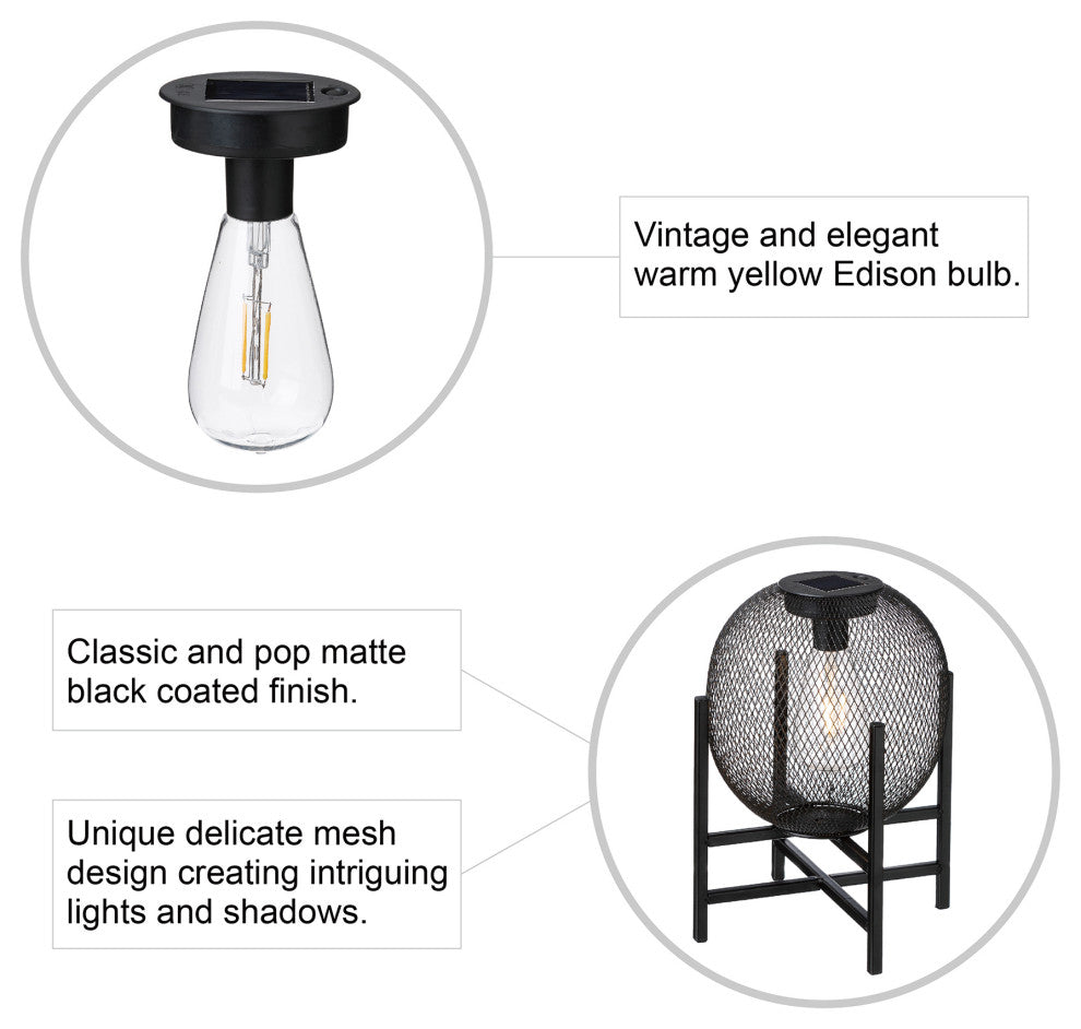 11.5"H Metal Mesh Black Solar Powered Outdoor Lantern With Stand
