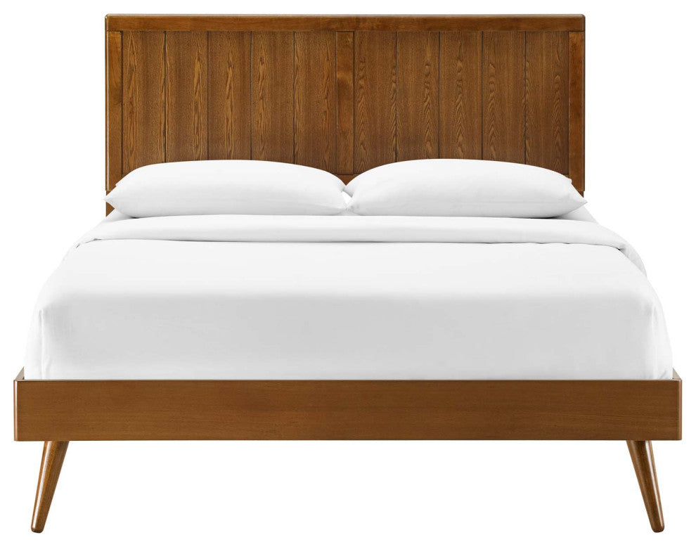Platform Bed Frame, Queen Size, Wood, Brown Walnut, Modern Mid-Century, Bedroom