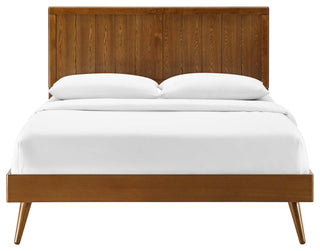 Platform Bed Frame, Queen Size, Wood, Brown Walnut, Modern Mid-Century, Bedroom