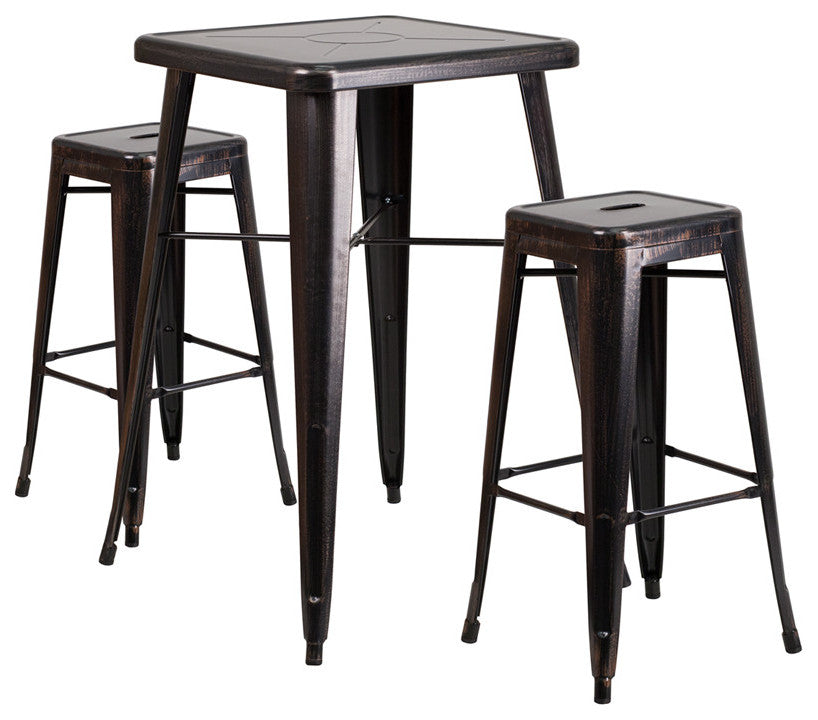 23.75" Square Black-Antique Gold Metal Bar Table With 2 Backless Stools