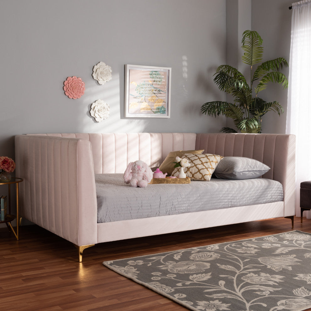 Taryn Modern Luxe Light Pink Velvet Fabric and Gold Queen Daybed