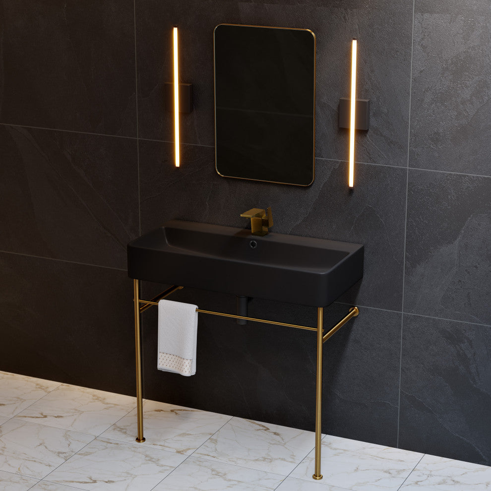 Carre 36" Ceramic Console Sink Matte Black Basin Gold Legs, Brushed Gold