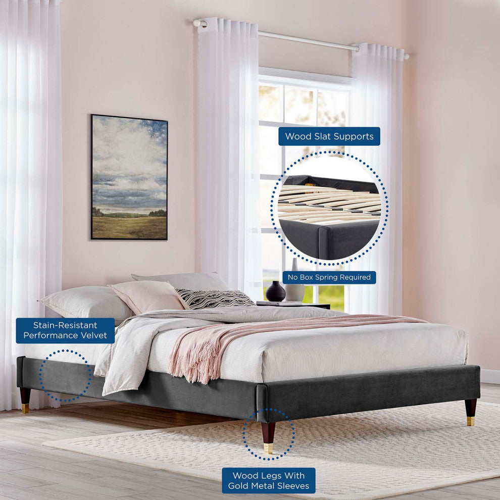 Platform Bed Frame, Twin Size, Velvet, Dark Grey Gray, Modern Contemporary