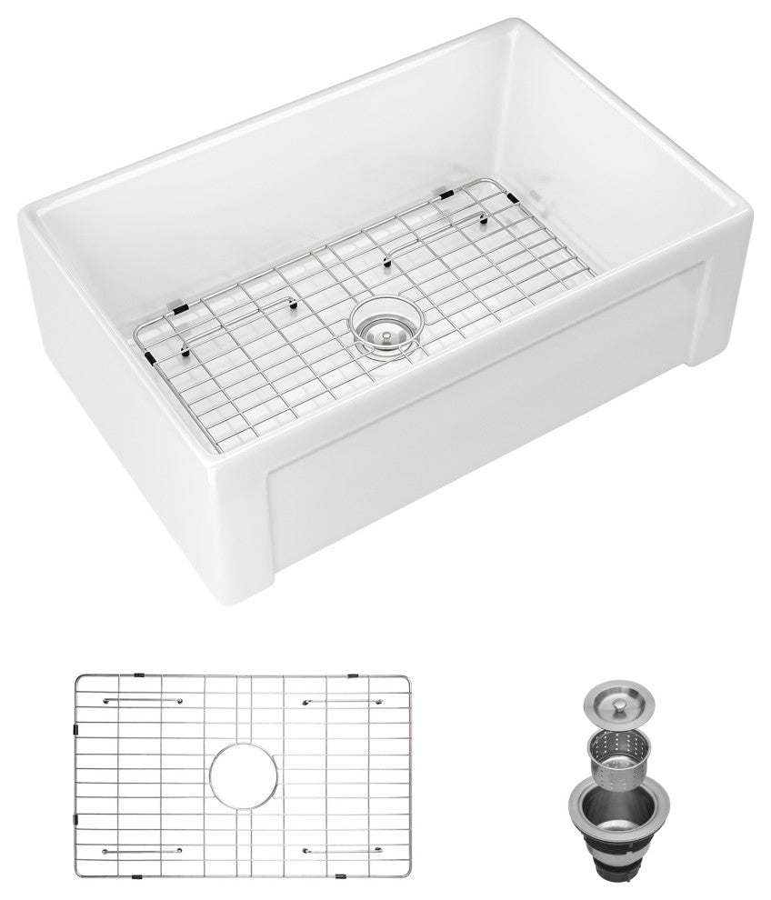 White Ceramic 30 in. Single Bowl Farmhouse Apron Kitchen Sink with Bottom Grid