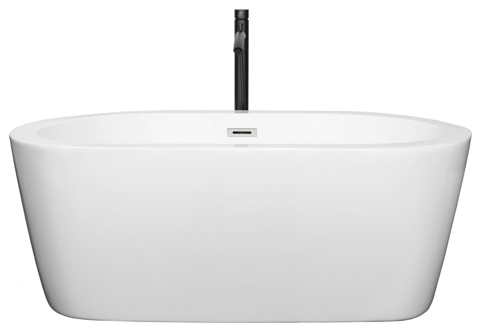 60" Freestanding Bathtub, White, Chrome Trim, Floor Mounted Faucet, Black