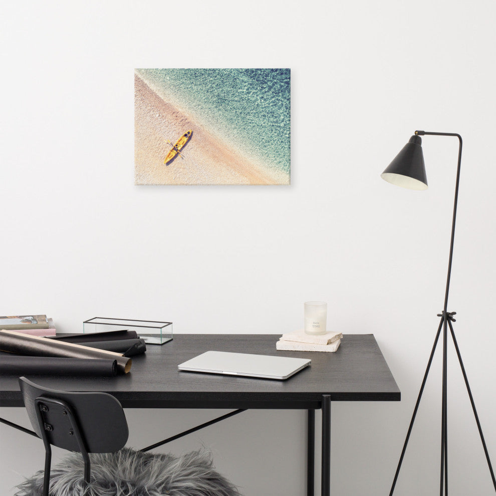 Yellow Canoe and Blue Sea by with Soft Violet Effect Canvas Wall Art Prints, 18" X 24"