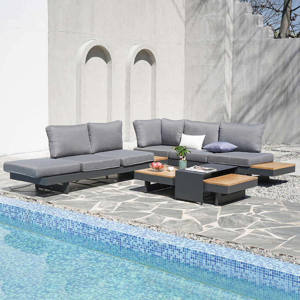 4 Pieces L Shape Outdoor Sectional Sofa Set with Wood Coffee Table in Gray
