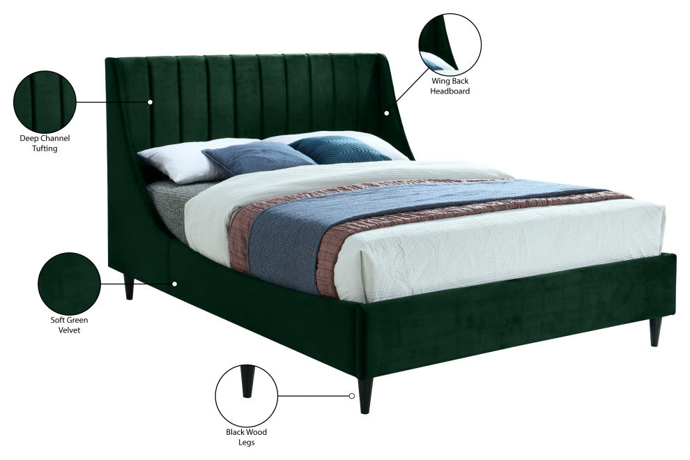 Eva Velvet Upholstered Bed, Green, Queen