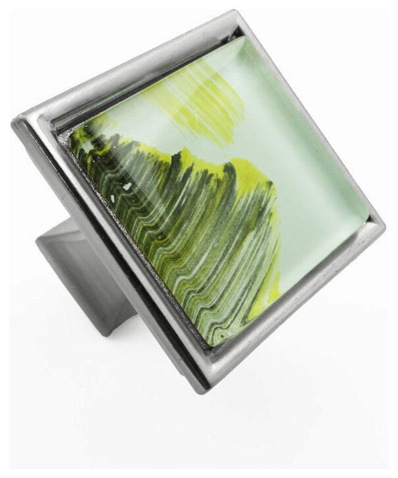 Hand Brushed Abstract Moss Streaks Crystal Glass Brushed Nickel Classic Knob