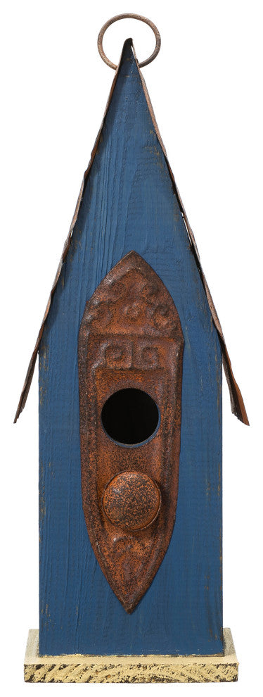 Retro Blue Distressed Solid Wood Birdhouse
