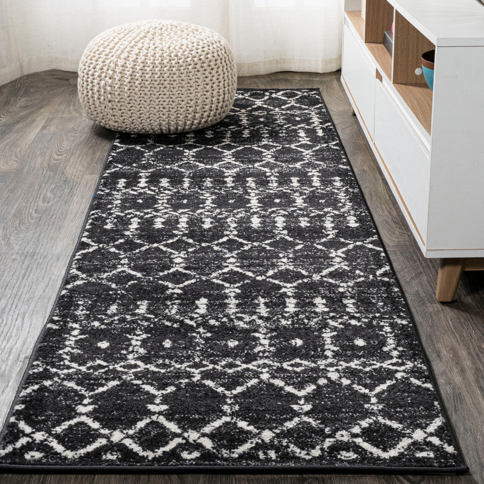 Moroccan HYPE Boho Vintage Diamond Black/Ivory 2 ft. x 14 ft. Runner Rug