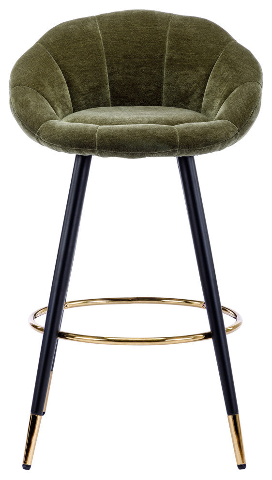 Set of 2 Blooming Flower Chenille Bar Stools, Darkgreen