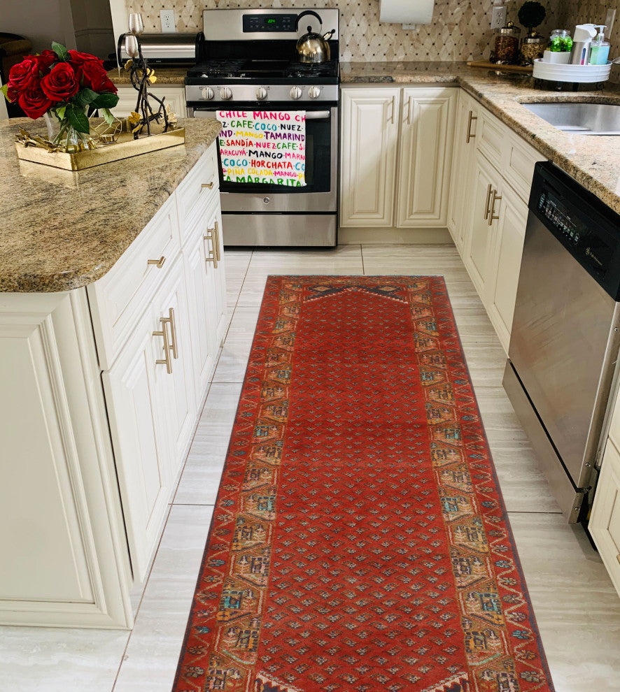 Fine Vintage Distressed Sacide Red/Navy Runner, 2'5x10'5