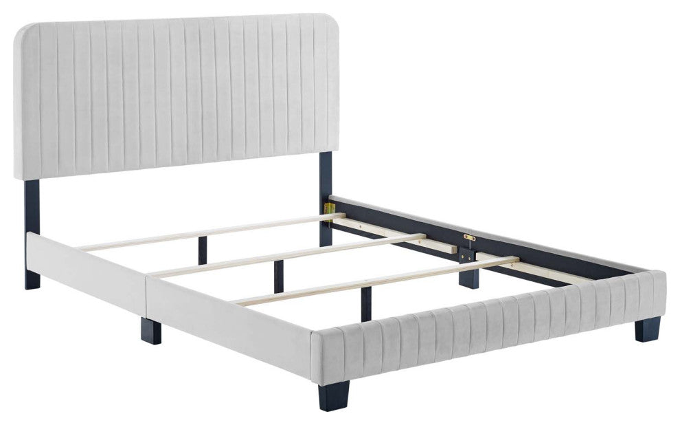 Celine Channel Tufted Performance Velvet Full Bed, Light Gray