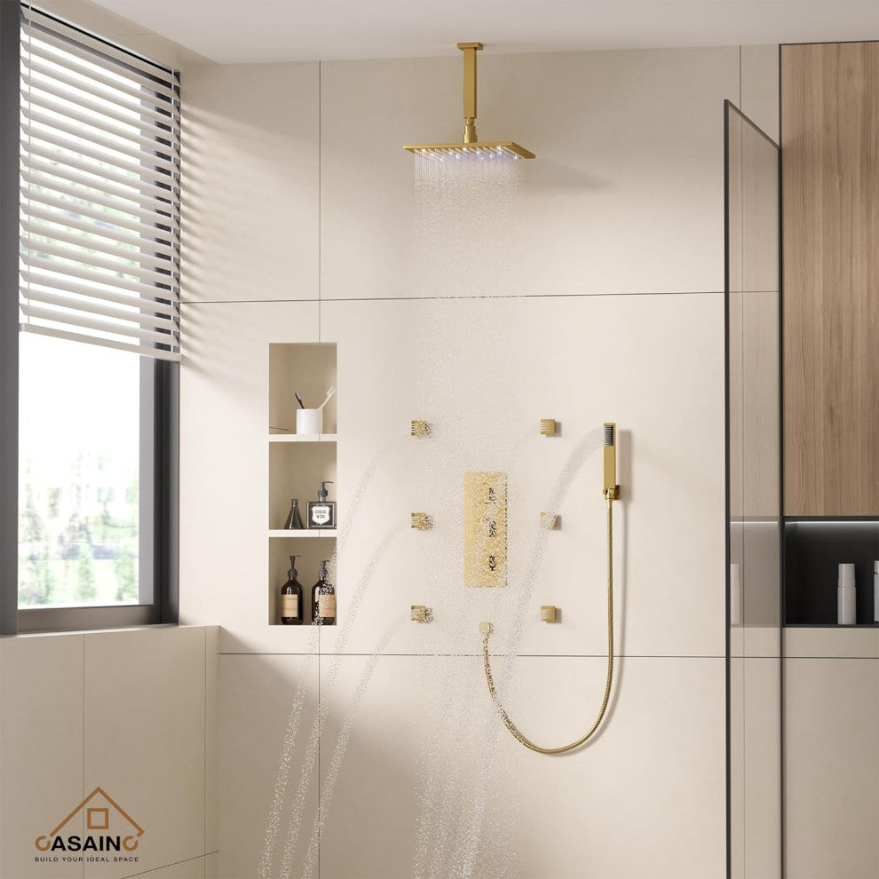 CASAINC 12" Ceiling Mounted Luxury LED Shower Head Handheld Spray, Brushed Gold