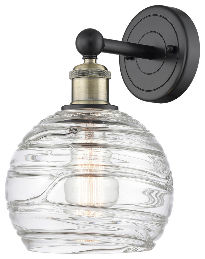 Athens Deco Swirl 1 Light Wall Sconce, Black Antique Brass, Clear Deco Swirl